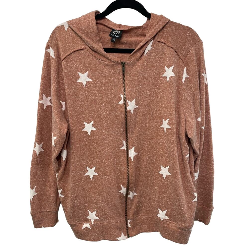 Bobeau Allover Star Print Long Sleeve‎ Full Zip Hoodie Pink Womens Plus Size 1X